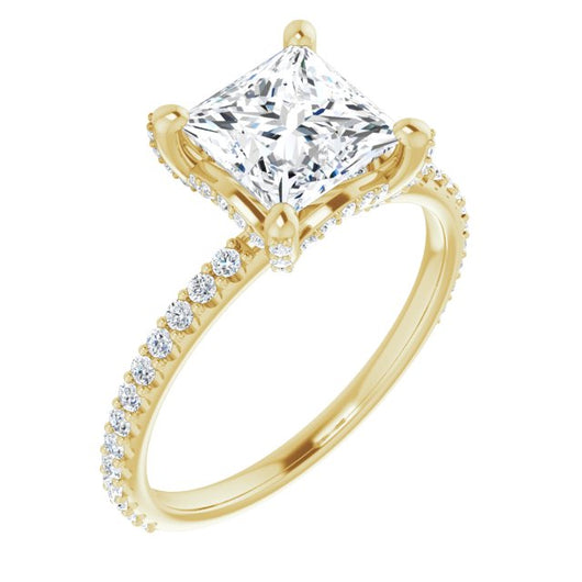 10K Yellow Gold Customizable Princess/Square Cut Design with Round-Accented Band, Micropav? Under-Halo and Decorative Prong Accents)