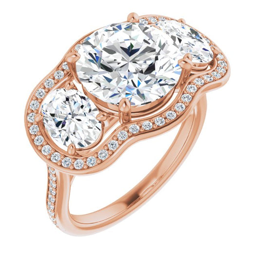 10K Rose Gold Customizable Round Cut Style with Oval Cut Accents, 3-stone Halo & Thin Shared Prong Band