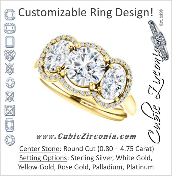 Cubic Zirconia Engagement Ring- The Carissa (Customizable Round Cut 3-stone Halo Style with Oval Accents)