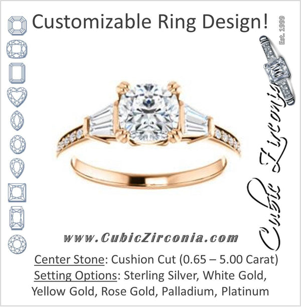 Cubic Zirconia Engagement Ring- The Hazel Rae (Customizable Cushion Cut Design with Quad Baguette Accents and Pavé Band)