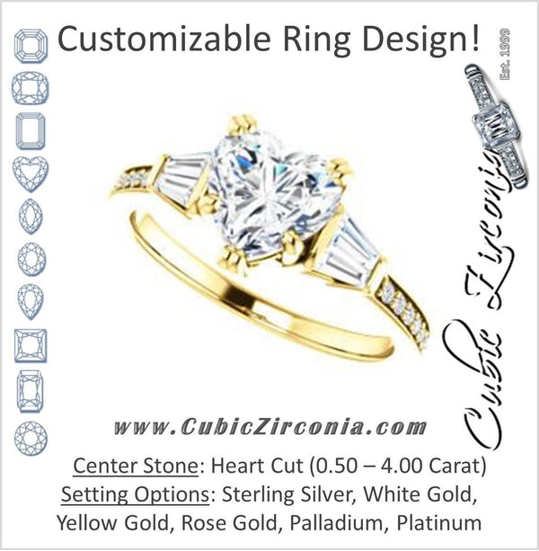 Cubic Zirconia Engagement Ring- The Hazel Rae (Customizable Heart Cut Design with Quad Baguette Accents and Pavé Band)