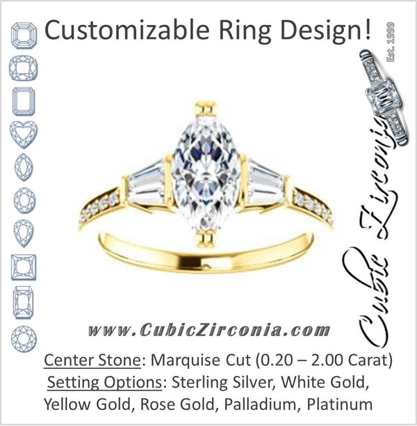 Cubic Zirconia Engagement Ring- The Hazel Rae (Customizable Marquise Cut Design with Quad Baguette Accents and Pavé Band)