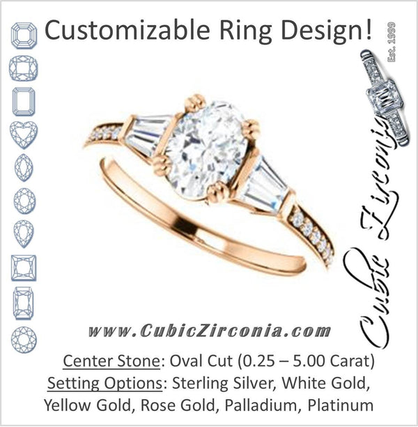 Cubic Zirconia Engagement Ring- The Hazel Rae (Customizable Oval Cut Design with Quad Baguette Accents and Pavé Band)