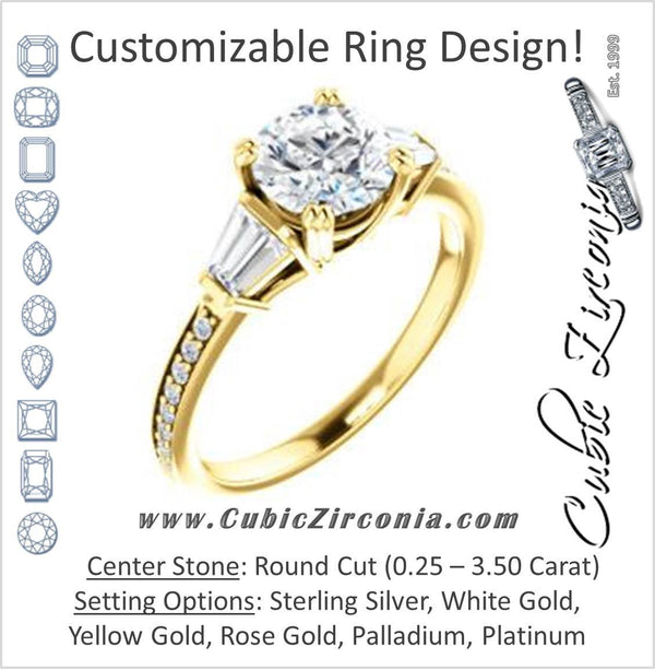 Cubic Zirconia Engagement Ring- The Hazel Rae (Customizable Round Cut Design with Quad Baguette Accents and Pavé Band)