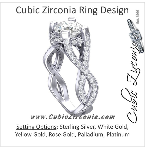 Cubic Zirconia Engagement Ring- The Jenna Riley (1.50 Carat Round Cut with Twisted Pavé Split Band, Under-halo, and Prong Accents)