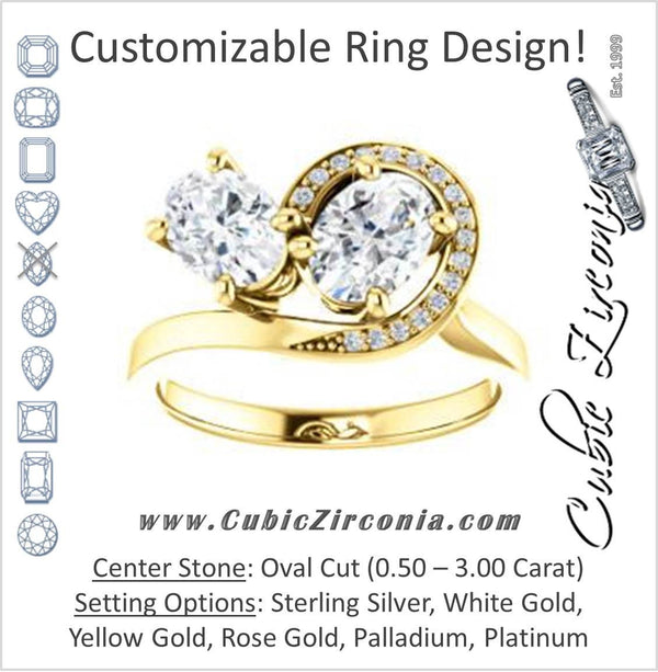 Cubic Zirconia Engagement Ring- The Lupita (Customizable Enhanced 2-stone Asymmetrical Oval Cut Design with Semi-Halo)