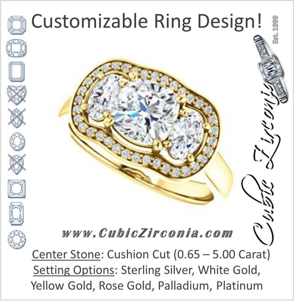 Cubic Zirconia Engagement Ring- The Nettie (Customizable Enhanced 3-stone Halo-Surrounded Design with Cushion Cut Center, Dual Oval Cut Accents, and Decorative Pavé-Accented Trellis)