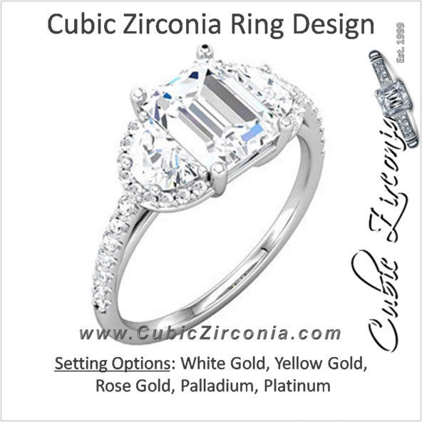 Cubic Zirconia Engagement Ring- The Celine (Emerald Cut with Dual Half-Moon Side Stones and Round Band Accents)