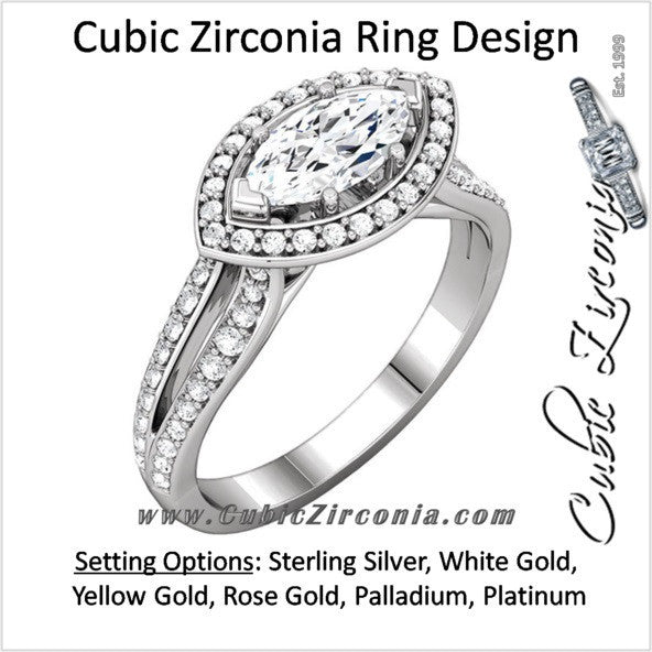 Cubic Zirconia Engagement Ring- The Brooke (0.75 Carat Customizable Halo-Style with Split Pave Band)