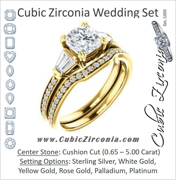 CZ Wedding Set, featuring The Hazel Rae engagement ring (Customizable Cushion Cut Design with Quad Baguette Accents and Pavé Band)