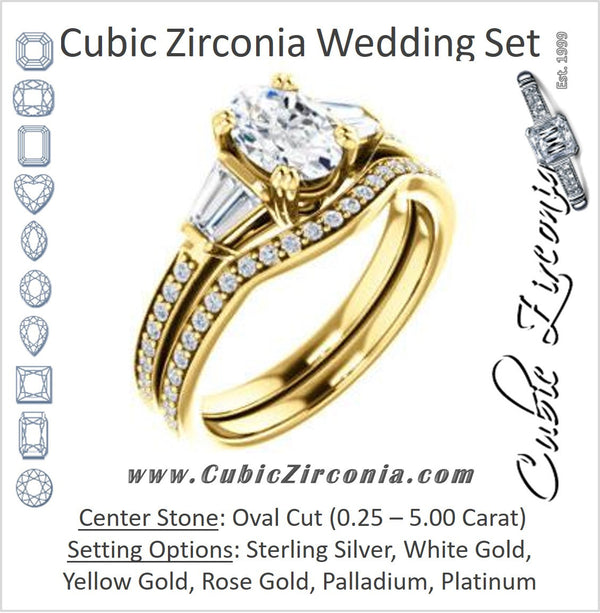 CZ Wedding Set, featuring The Hazel Rae engagement ring (Customizable Oval Cut Design with Quad Baguette Accents and Pavé Band)