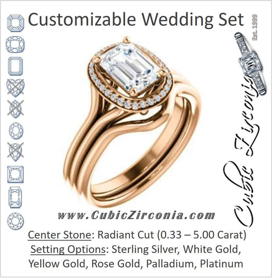 CZ Wedding Set, featuring The Jaci engagement ring (Customizable Cathedral-set Radiant Cut Design with Split-Band and Halo Accents)