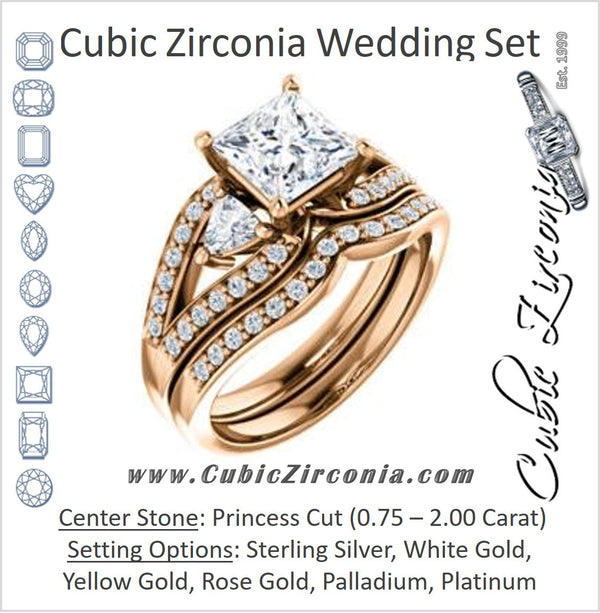 CZ Wedding Set, featuring The Karen engagement ring (Customizable Enhanced 3-stone Design with Princess Cut Center, Dual Trillion Accents and Wide Pavé-Split Band)