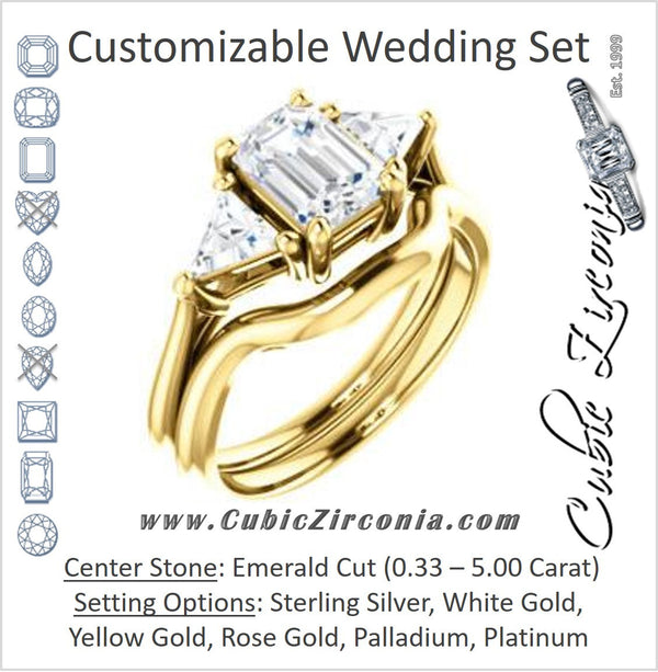 CZ Wedding Set, featuring The Prisma engagement ring (Classic Three-Stone Triangle Accent and Emerald Cut center)