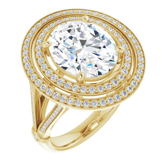 10K Yellow Gold Customizable Cathedral-set Oval Cut Design with Double Halo, Wide Split-Shared Prong Band and Side Knuckle Accents