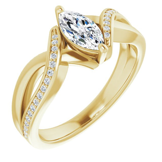 10K Yellow Gold Customizable Marquise Cut Center with Curving Split-Band featuring One Shared Prong Leg