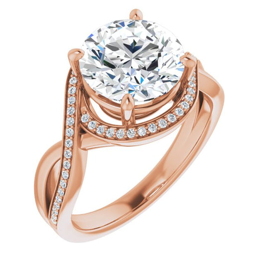 10K Rose Gold Customizable Bypass-Halo-Accented Round Cut Center with Twisting Split Shared Prong Band