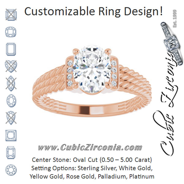 Cubic Zirconia Engagement Ring- The Junio (Customizable 11-stone Design featuring Oval Cut Center, Vertical Round-Channel Accents & Wide Triple-Rope Band)