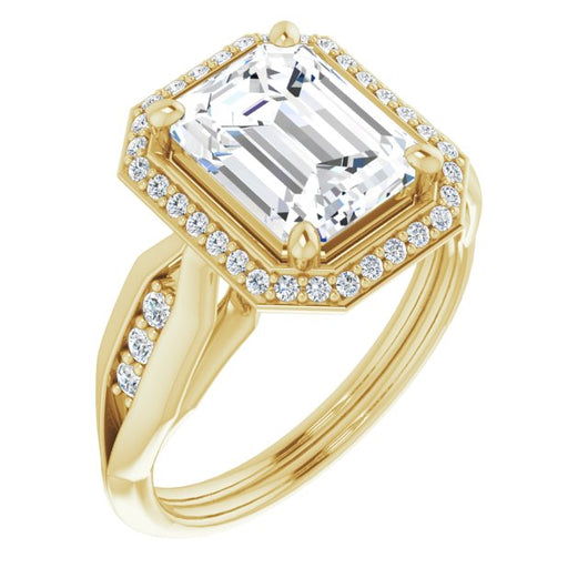 10K Yellow Gold Customizable Cathedral-raised Emerald/Radiant Cut Design with Halo and Tri-Cluster Band Accents