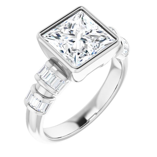 10K White Gold Customizable Bezel-set Princess/Square Cut Design with Quad Horizontal Band Sleeves of Baguette Accents