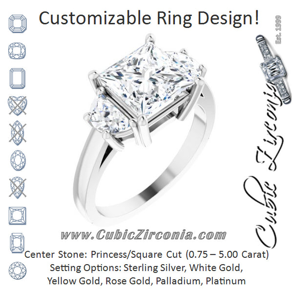 Cubic Zirconia Engagement Ring- The Bree (Customizable 3-stone Design with Princess/Square Cut Center and Half-moon Side Stones)