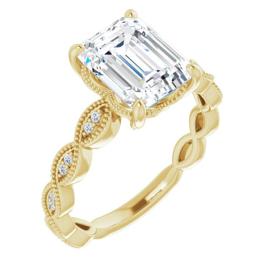 10K Yellow Gold Customizable Emerald/Radiant Cut Artisan Design with Scalloped, Round-Accented Band and Milgrain Detail