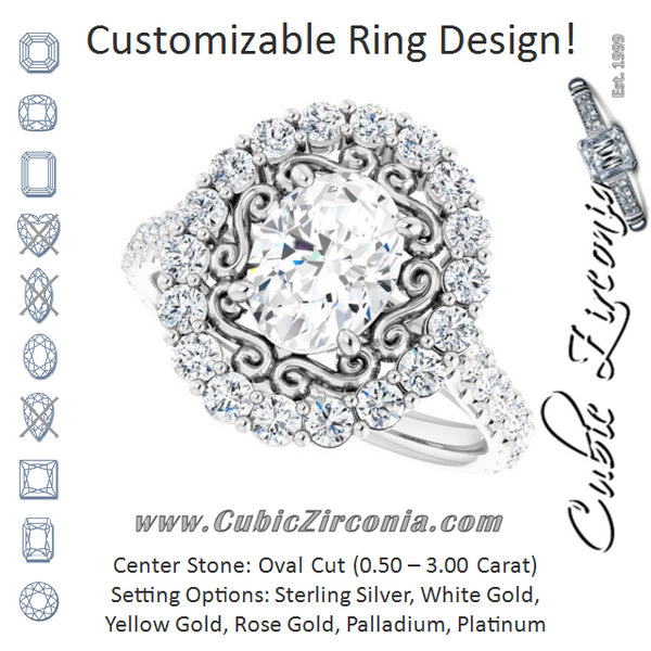 Cubic Zirconia Engagement Ring- The Flora (Customizable Oval Cut Cathedral Style with Oversized Halo)