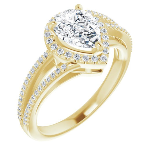 10K Yellow Gold Customizable Pear Cut Vintage Design with Halo Style and Asymmetrical Split-Pavé Band