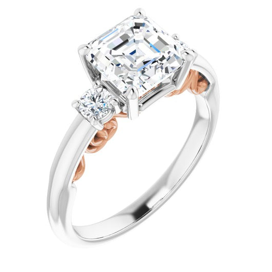 14K White & Rose Gold Customizable Asscher Cut 3-stone Style featuring Heart-Motif Band Enhancement