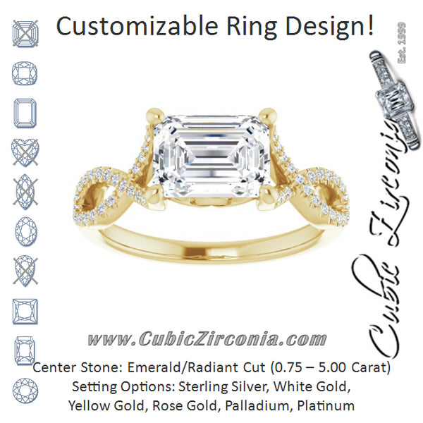 Cubic Zirconia Engagement Ring- The Venus (Customizable Emerald Cut Design with Twisting Infinity-inspired, Pavé Split Band)