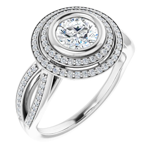 10K White Gold Customizable Bezel-set Round Cut Style with Double Halo and Split Shared Prong Band