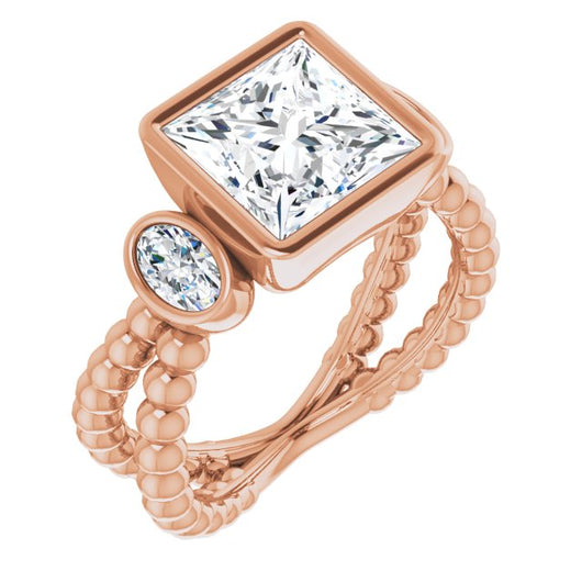 10K Rose Gold Customizable 3-stone Princess/Square Cut Design with 2 Oval Cut Side Stones and Wide, Bubble-Bead Split-Band