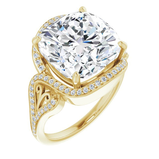 10K Yellow Gold Customizable Cushion Cut Design with Bypass Halo and Split-Shared Prong Band