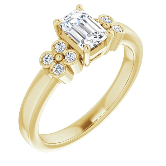 10K Yellow Gold Customizable 9-stone Design with Emerald/Radiant Cut Center and Complementary Quad Bezel-Accent Sets