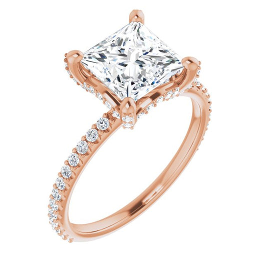 10K Rose Gold Customizable Princess/Square Cut Design with Round-Accented Band, Micropav? Under-Halo and Decorative Prong Accents)