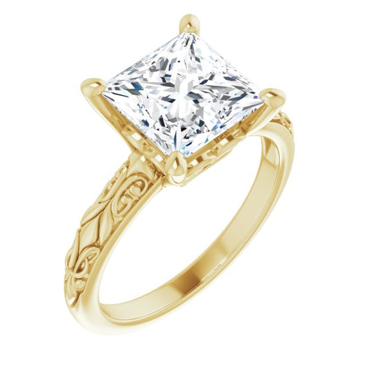 10K Yellow Gold Customizable Princess/Square Cut Solitaire featuring Delicate Metal Scrollwork