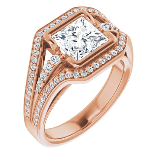 10K Rose Gold Customizable Cathedral-Bezel Princess/Square Cut Design with Wide Triple-Split-Pavé Band