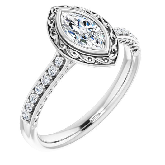 10K White Gold Customizable Cathedral-Bezel Marquise Cut Design featuring Accented Band with Filigree Inlay