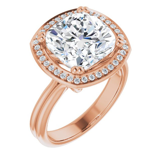 10K Rose Gold Customizable Cushion Cut Style with Scooped Halo and Grooved Band