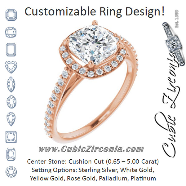 Cubic Zirconia Engagement Ring- The Catherine Lea (Customizable Cushion Cut Design with Halo and Thin Pavé Band)