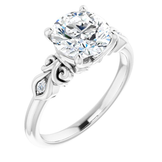 14K White Gold Customizable 3-stone Round Cut Design with Small Round Accents and Filigree