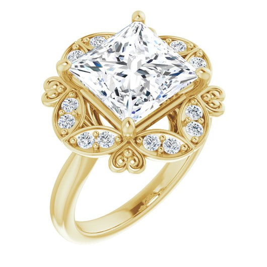 10K Yellow Gold Customizable Princess/Square Cut Design with Floral Segmented Halo & Sculptural Basket