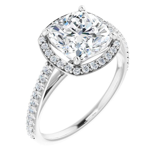 10K White Gold Customizable Cushion Cut Design with Halo and Thin Pavé Band