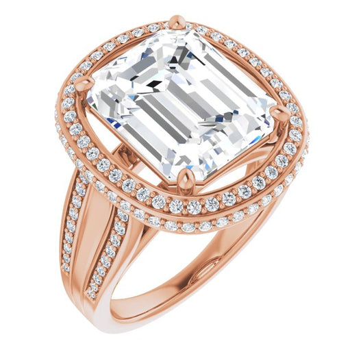 10K Rose Gold Customizable Halo-style Emerald/Radiant Cut with Under-halo & Ultra-wide Band