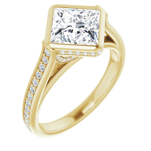 10K Yellow Gold Customizable Cathedral-Bezel Princess/Square Cut Design with Under Halo and Shared Prong Band