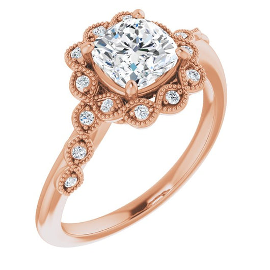 10K Rose Gold Customizable 3-stone Design with Cushion Cut Center and Halo Enhancement