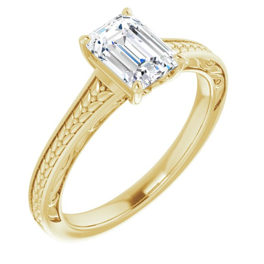 10K Yellow Gold Customizable Emerald/Radiant Cut Solitaire with Organic Textured Band and Decorative Prong Basket