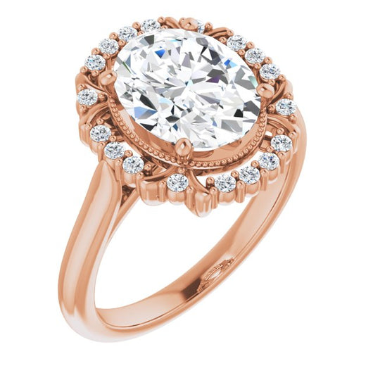 10K Rose Gold Customizable Oval Cut Design with Majestic Crown Halo and Raised Illusion Setting