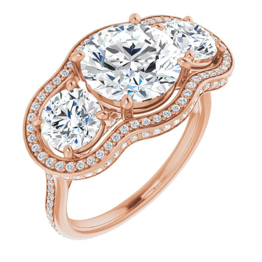 14K Rose Gold Customizable 3-stone Round Cut Design with Multi-Halo Enhancement and 150+-stone Pavé Band