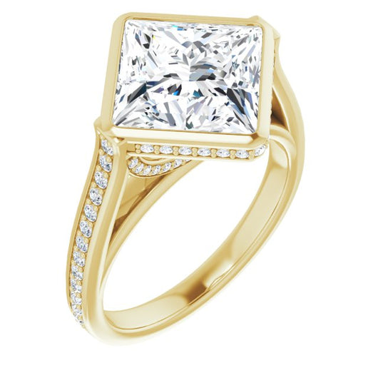 10K Yellow Gold Customizable Cathedral-Bezel Princess/Square Cut Design with Under Halo and Shared Prong Band